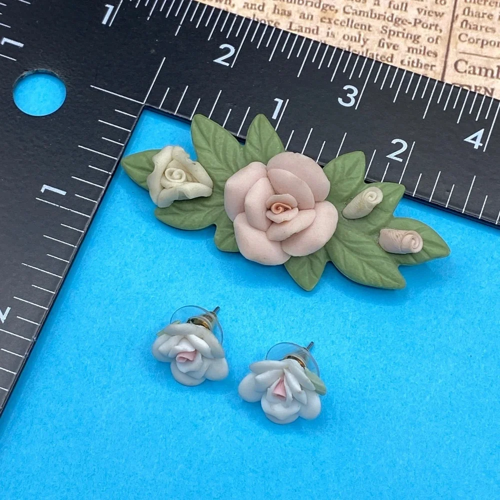 Porcelain Floral Brooch & Pierced Post Earrings Set
